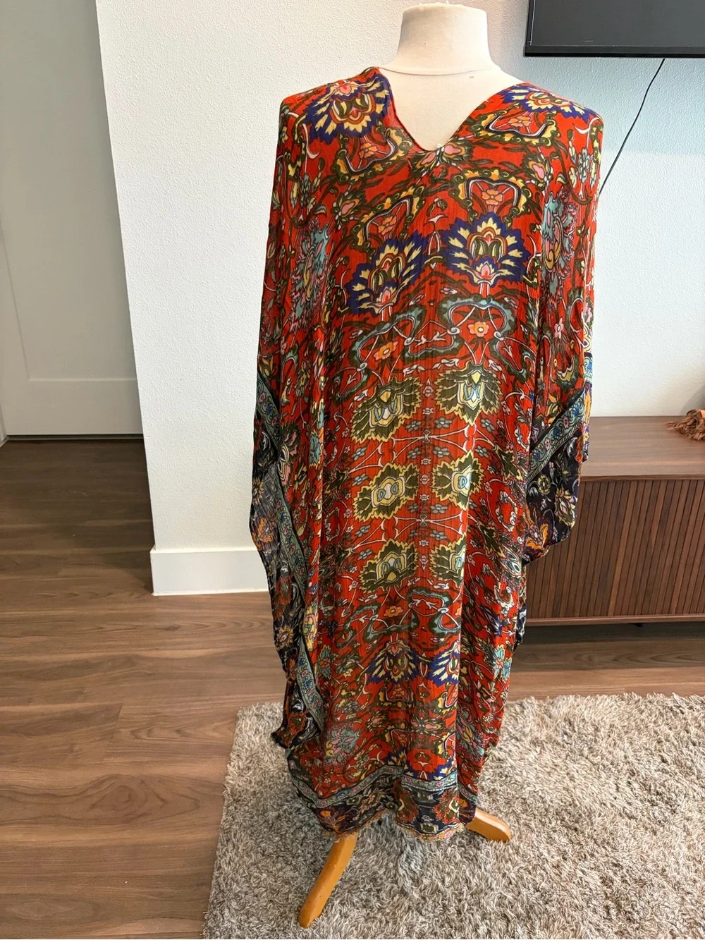 Bohemian Red Floral V-Neck Poncho